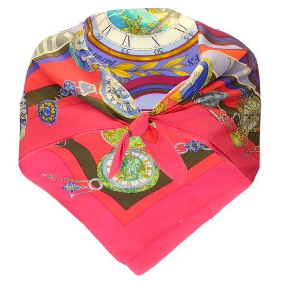 HERMES FUCHSIA PINK / RED MULTI LA RONDE DES HEURES SQUARE SILK TWILL SCAR - Picture 1 of 12